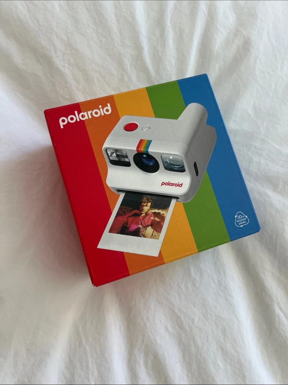 NEW, Never Used. Polaroid Go Instant Camera in White with Rainbow Accent